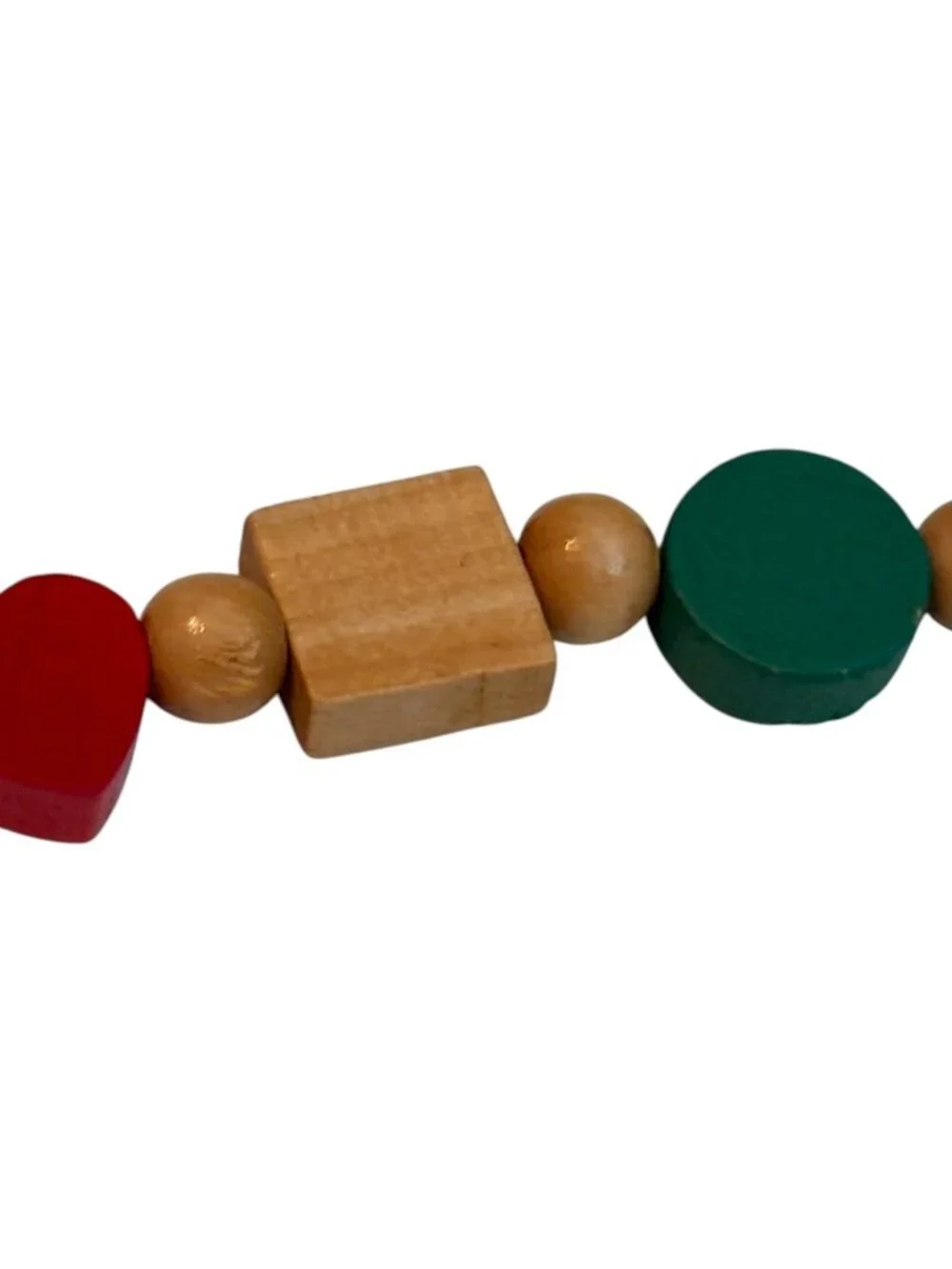 Vintage Wooden Bead Garland - Red Green & Natural Shapes - Heart Circle Square -